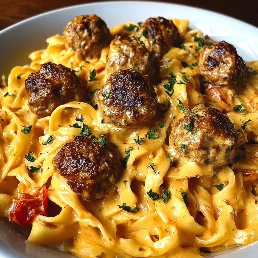 One-Pot Creamy Cajun Meatball Pasta with rich sauce and meatballs