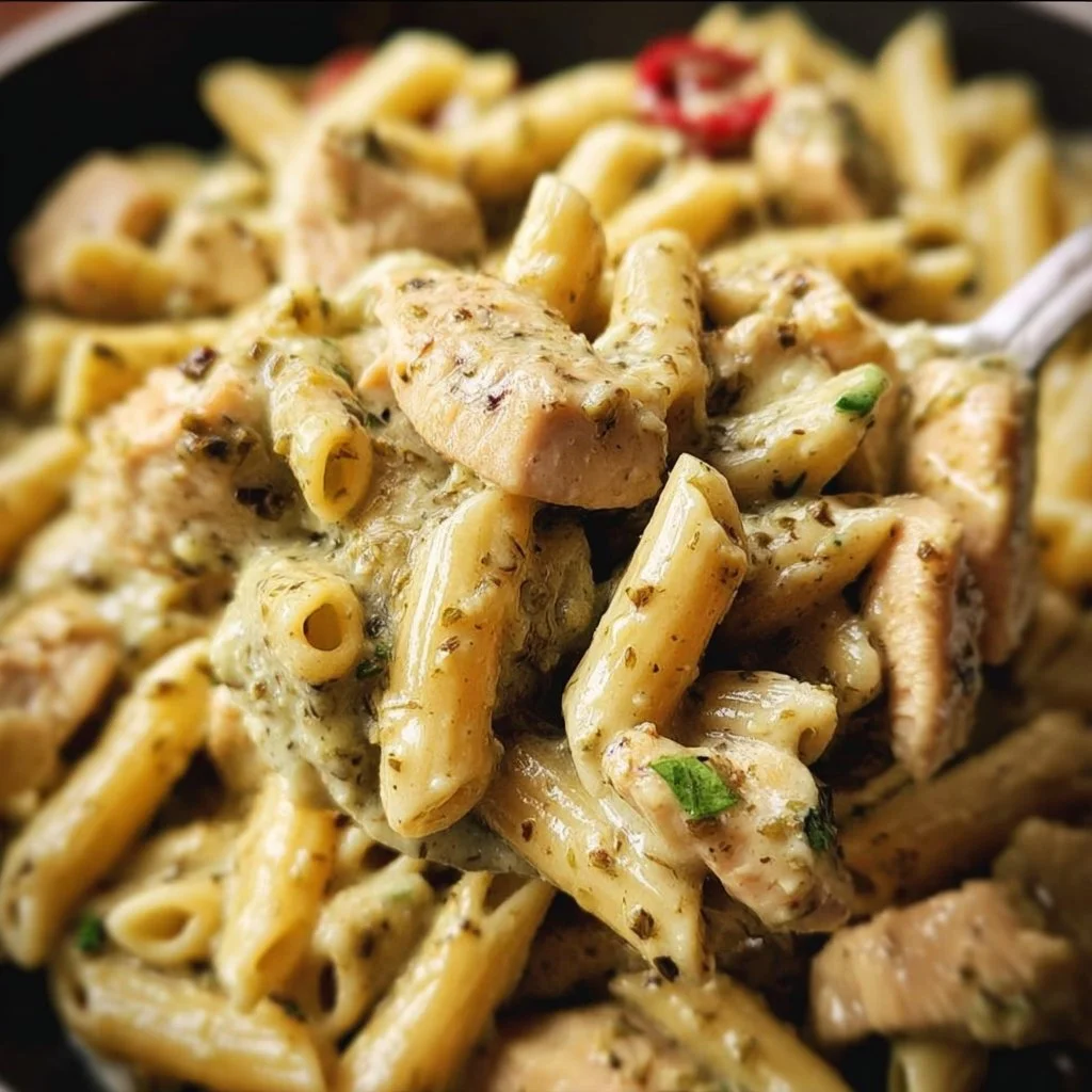 One Pot Creamy Pesto Chicken Pasta garnished with fresh basil and served in a bowl