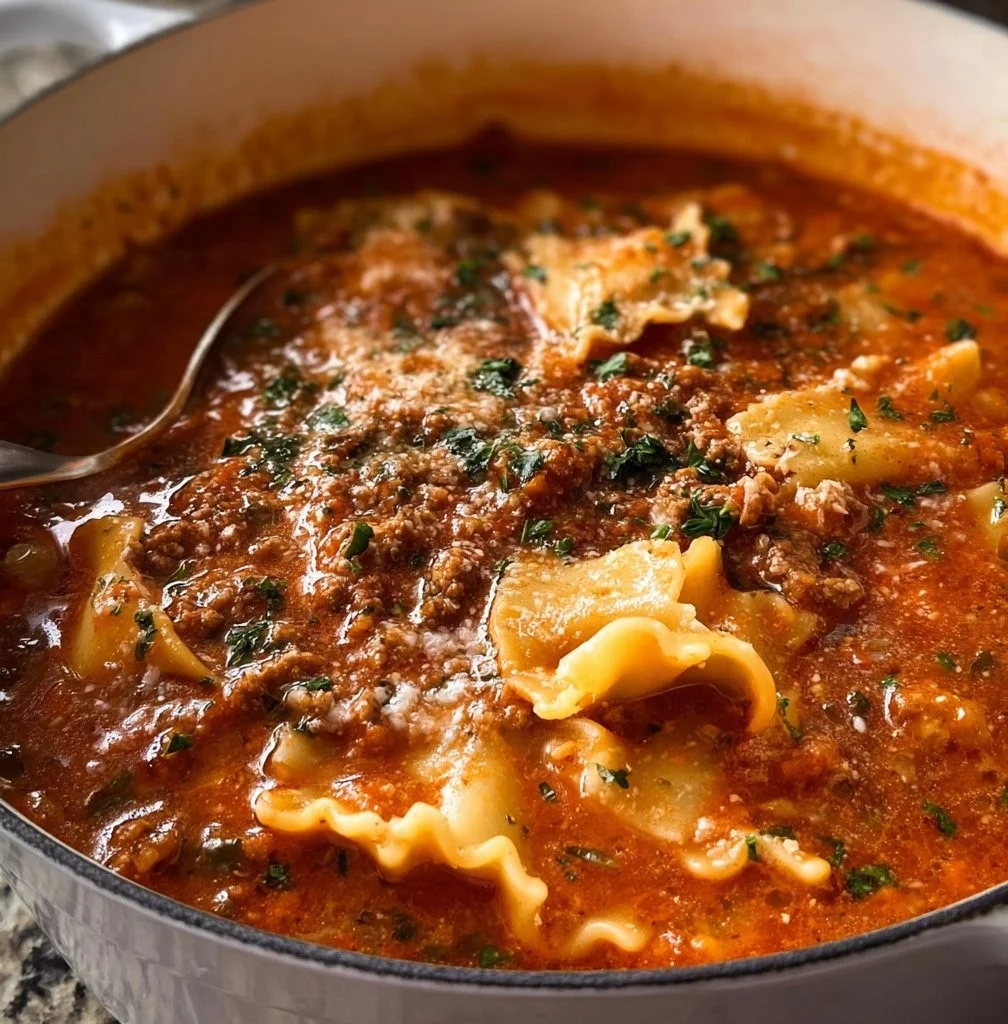 One pot lasagna soup in a bowl with cheese and herbs on top.