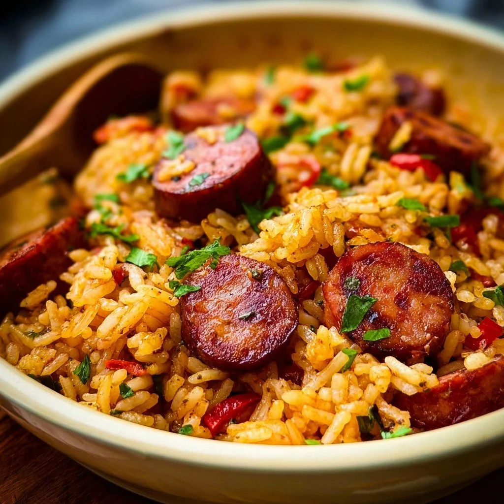 One pot smoked sausage and rice dish with colorful vegetables