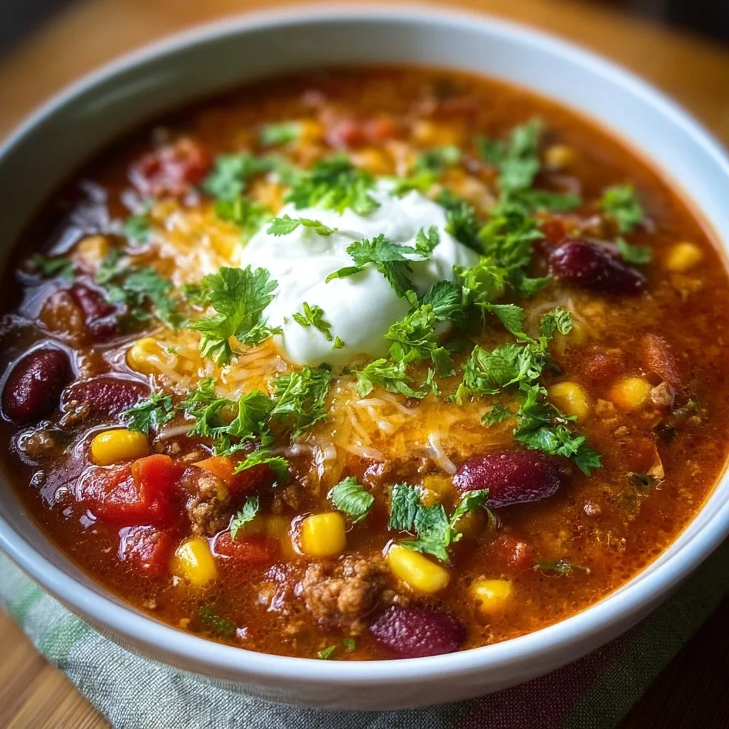 Delicious one-pot taco soup served in a bowl with fresh toppings.