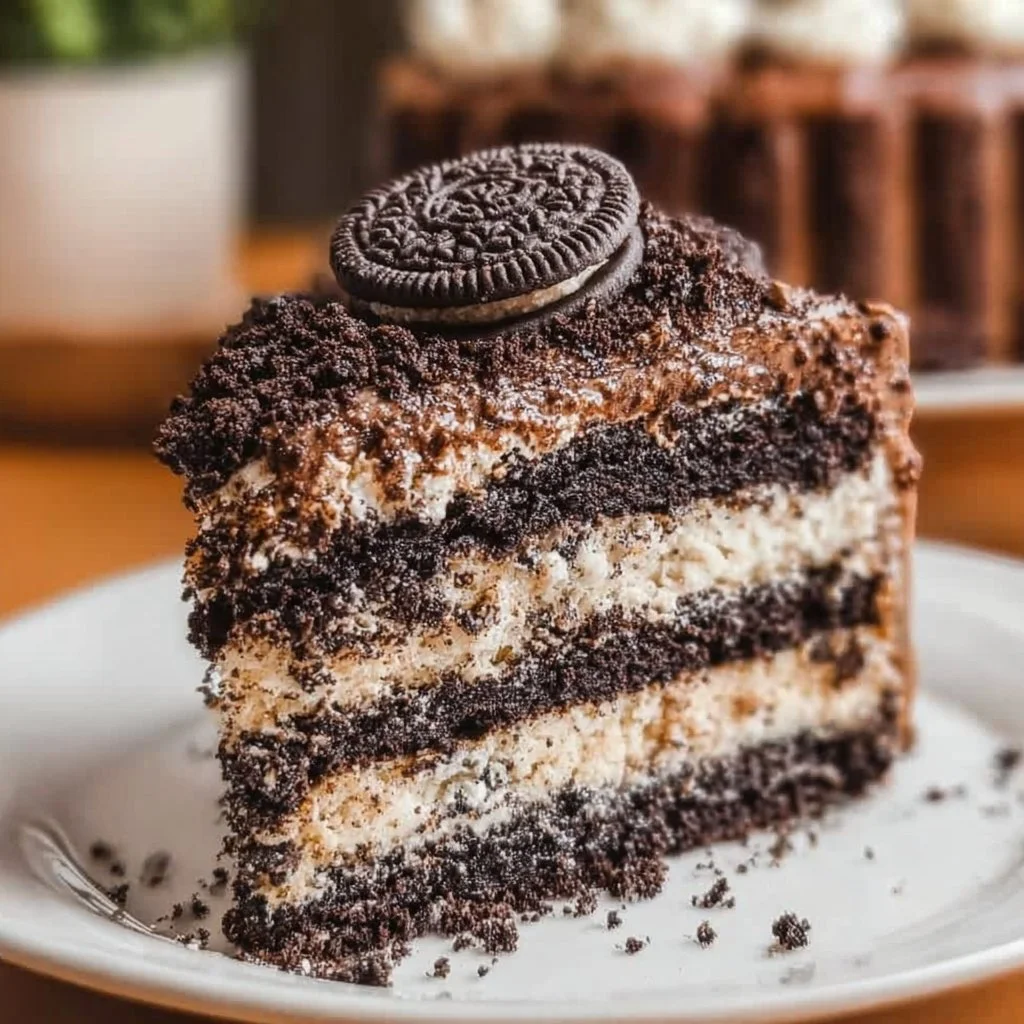 Delicious Oreo Brownie Cake topped with creamy frosting and crushed Oreo cookies