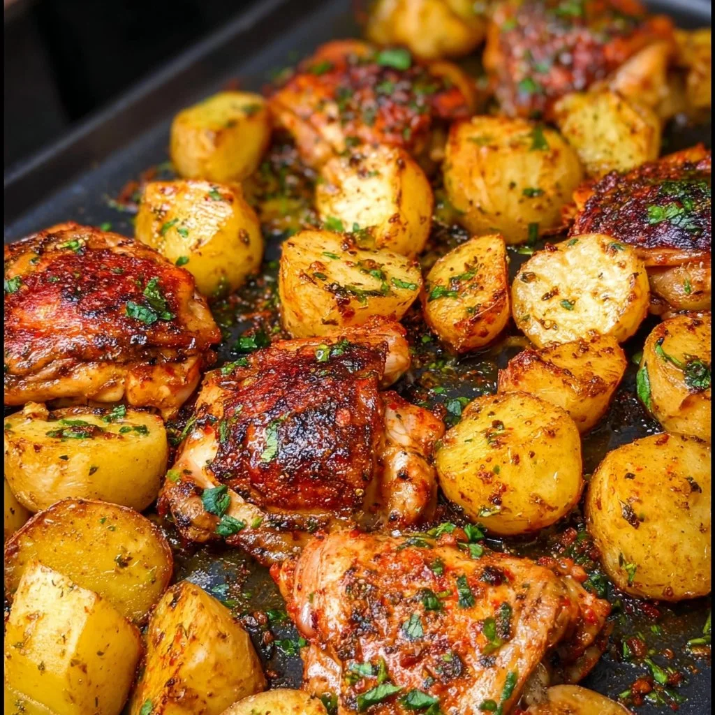 Oven baked chicken thighs with seasoned potatoes ready to serve
