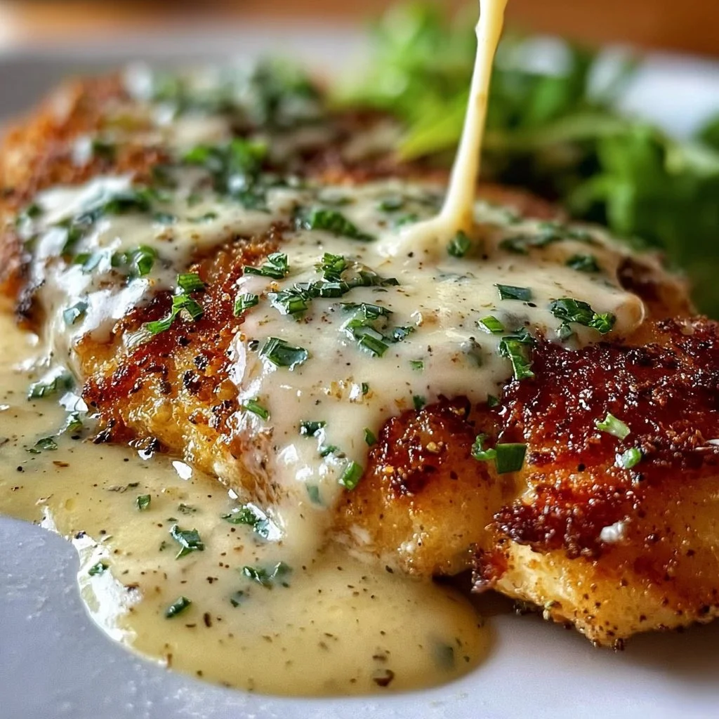 Parmesan Crusted Chicken served with a rich creamy garlic sauce
