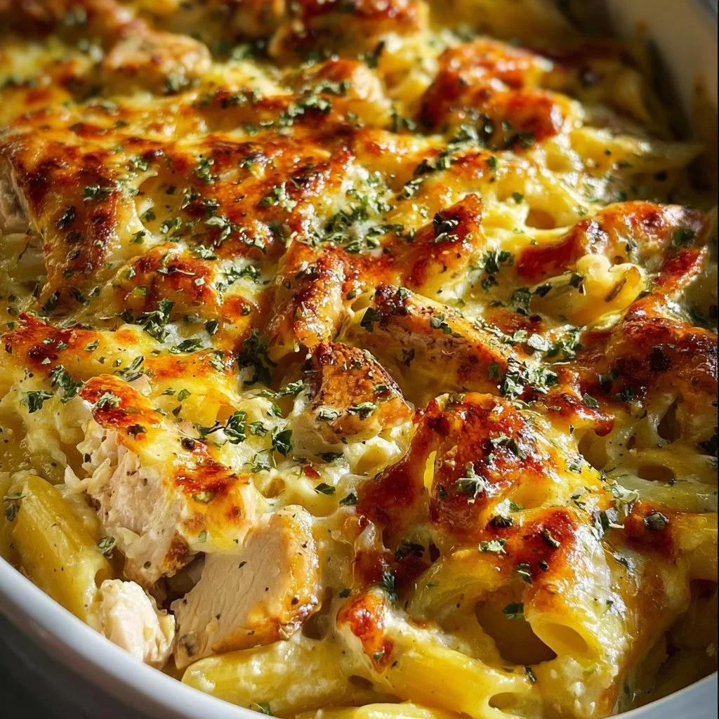 Delicious chicken casserole beautifully presented on a plate