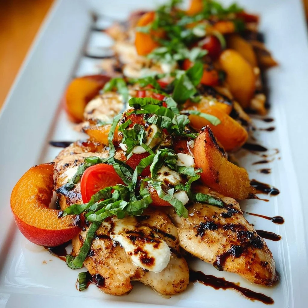 Grilled chicken topped with fresh peaches, mozzarella, and basil in a Caprese salad style