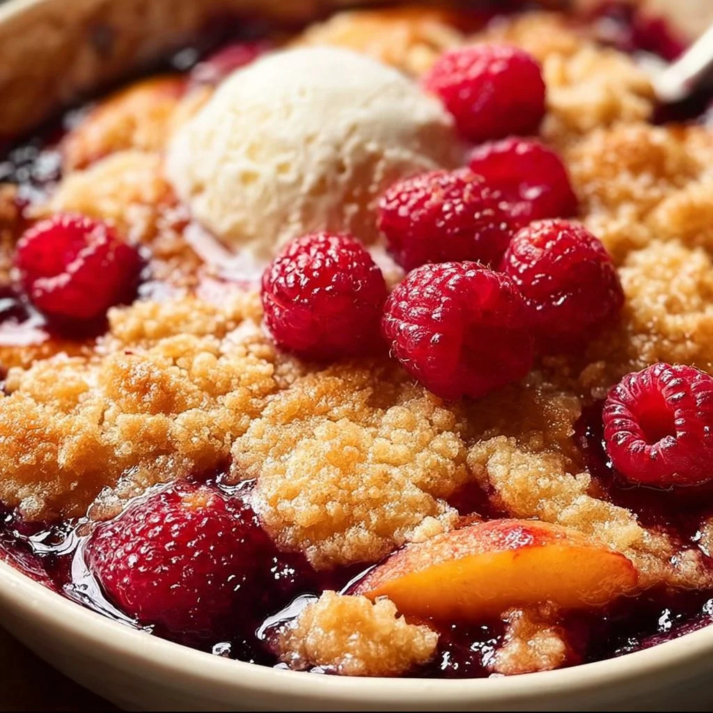 Delicious Peach Cobbler with Raspberries freshly baked in a dish