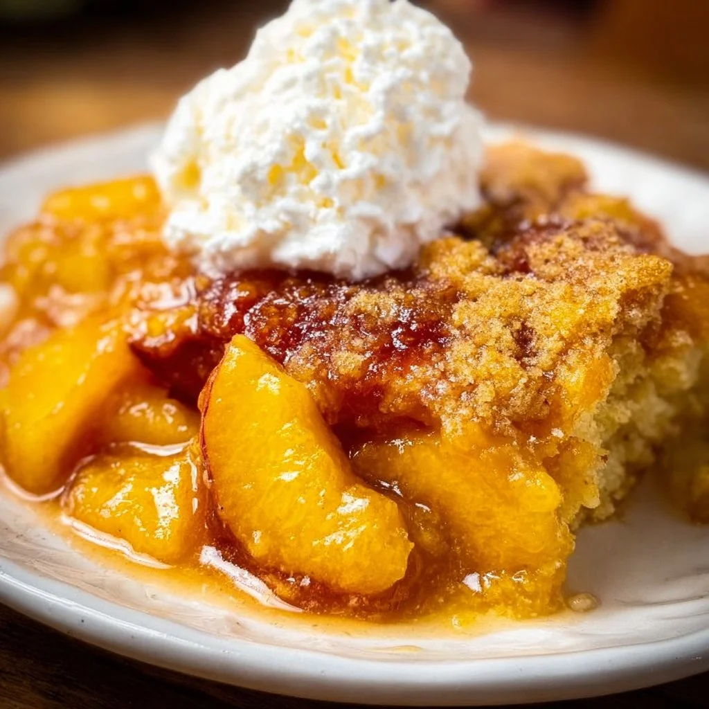 Easy and delicious Peach Dump Cake recipe with fresh peaches and cake mix.