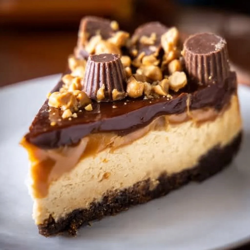 Delicious Peanut Butter Cup Cheesecake slice with chocolate drizzle and peanut butter cups.