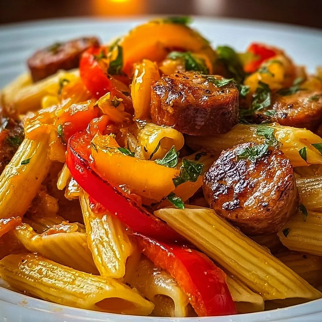Plate of Penne with Smoky Sausage and Bell Peppers garnished with herbs
