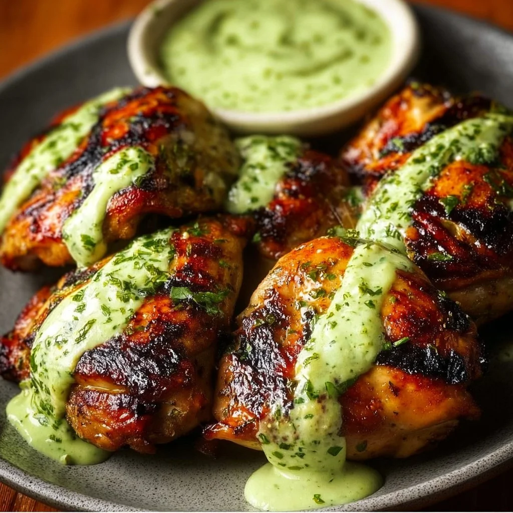 Plate of Peruvian grilled chicken drizzled with creamy green sauce