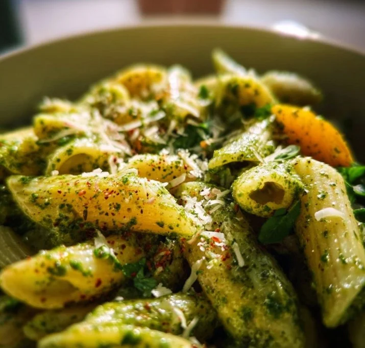 Bowl of fresh Pesto Pasta garnished with basil and pine nuts.