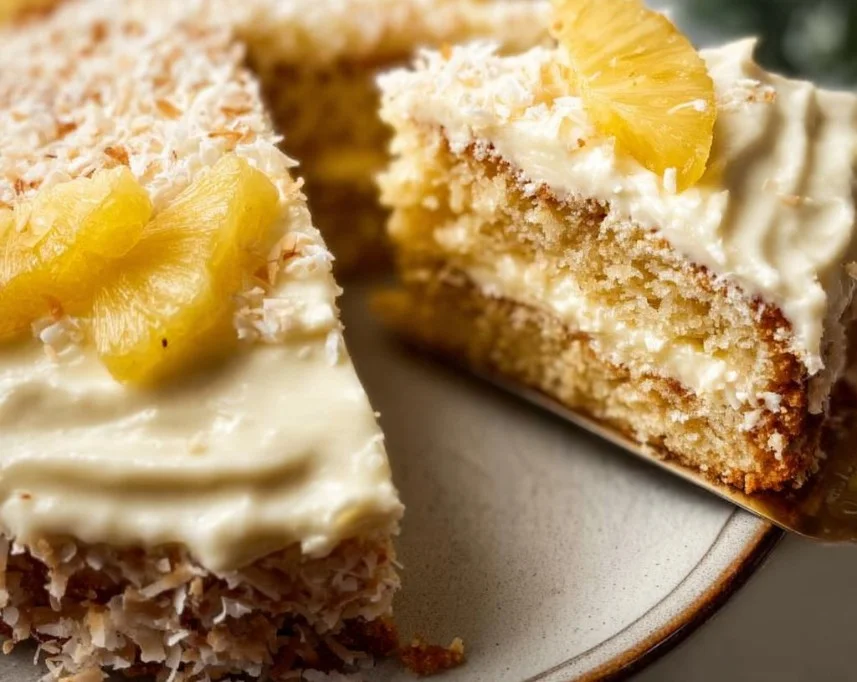 Delicious Pineapple Coconut Cake topped with fresh pineapple and coconut flakes