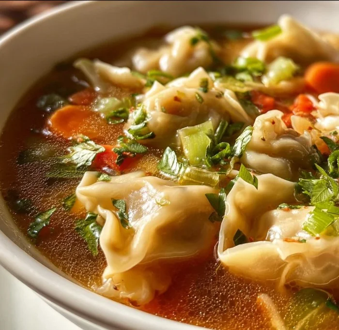 Delicious Potsticker Soup with dumplings and vegetables in a steaming bowl.