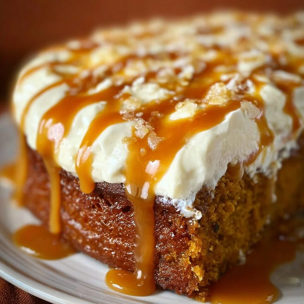 Delicious pumpkin cake with salted caramel and cream cheese frosting