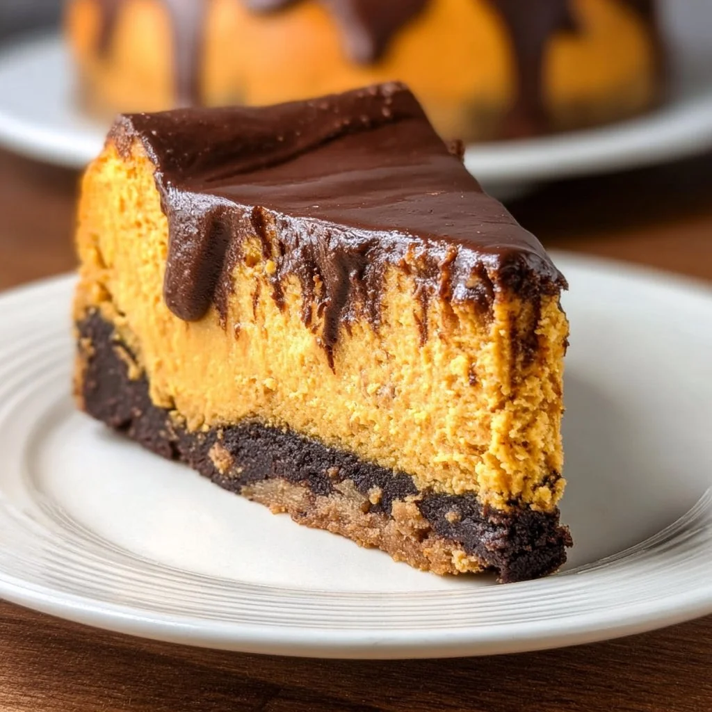 Delicious Pumpkin Chocolate Cheesecake slice with chocolate drizzle and whipped cream