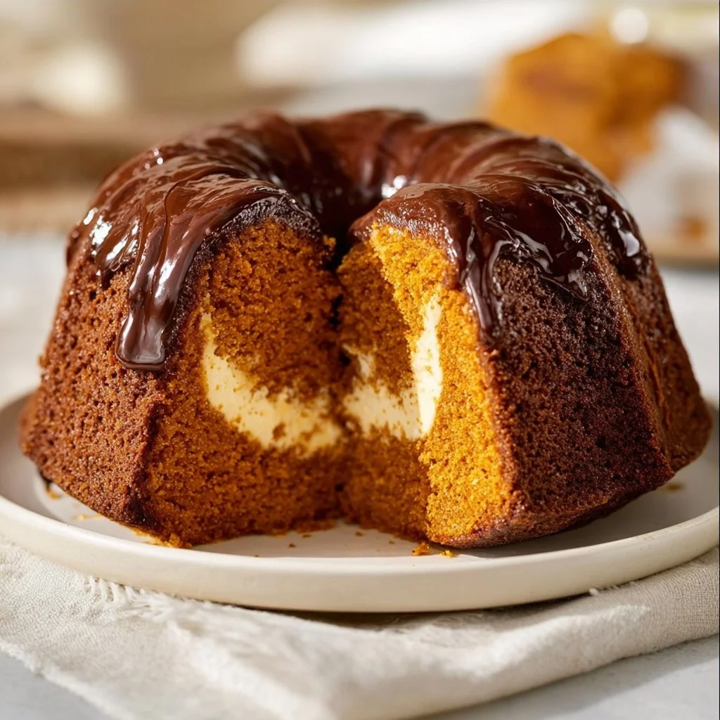 Delicious Pumpkin Cream Cheese Bundt Cake topped with cream cheese frosting.
