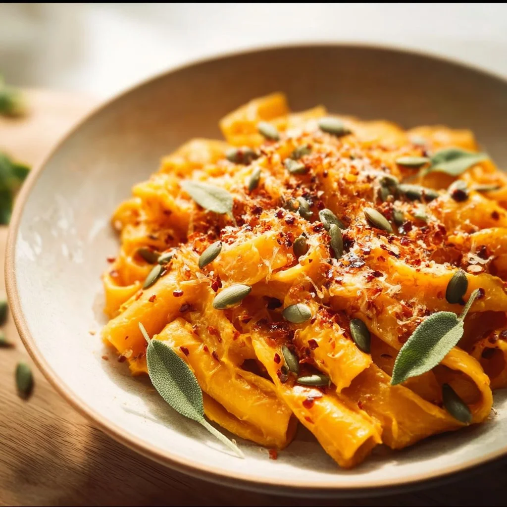 Delicious bowl of creamy pumpkin pasta garnished with herbs and parmesan cheese