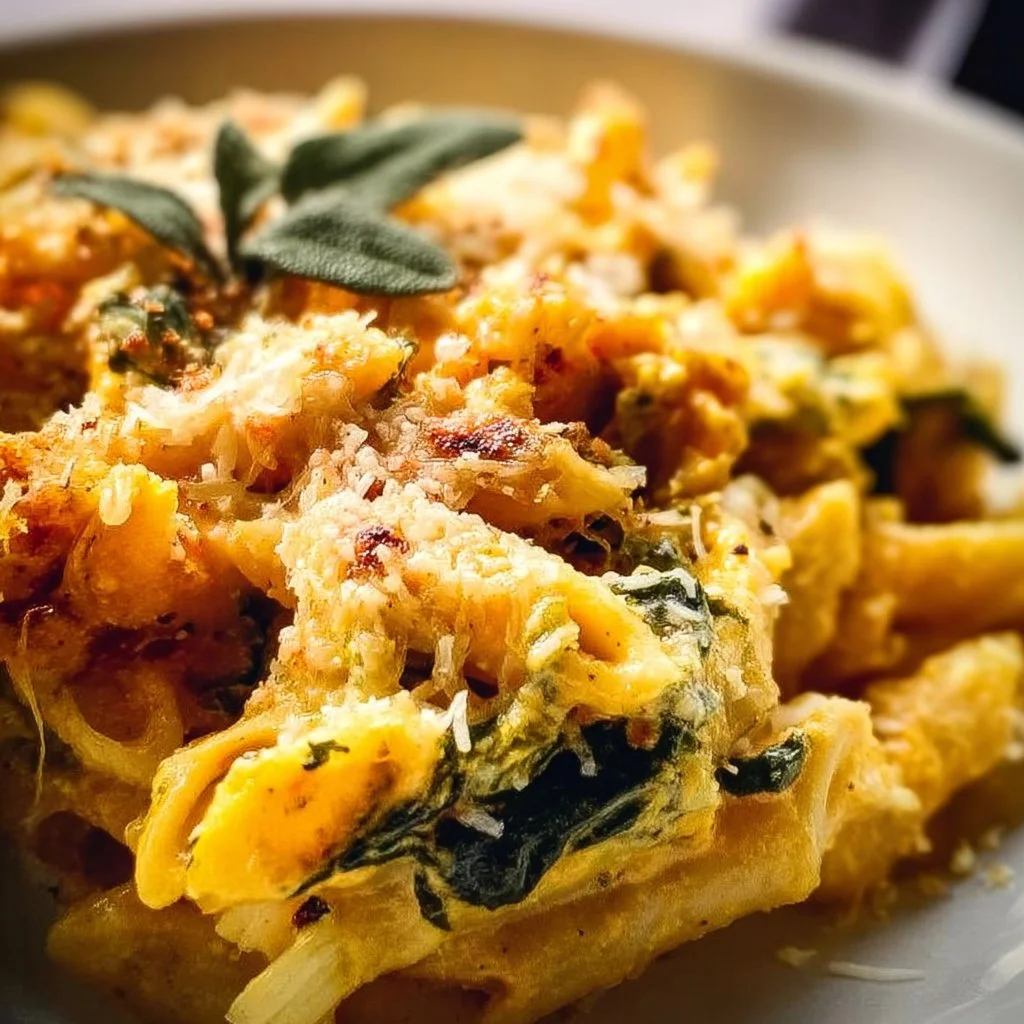 Delicious Pumpkin Pasta Bake topped with cheese and herbs.