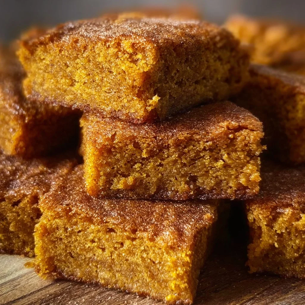 Delicious Pumpkin Snickerdoodle Blondies topped with cinnamon sugar.