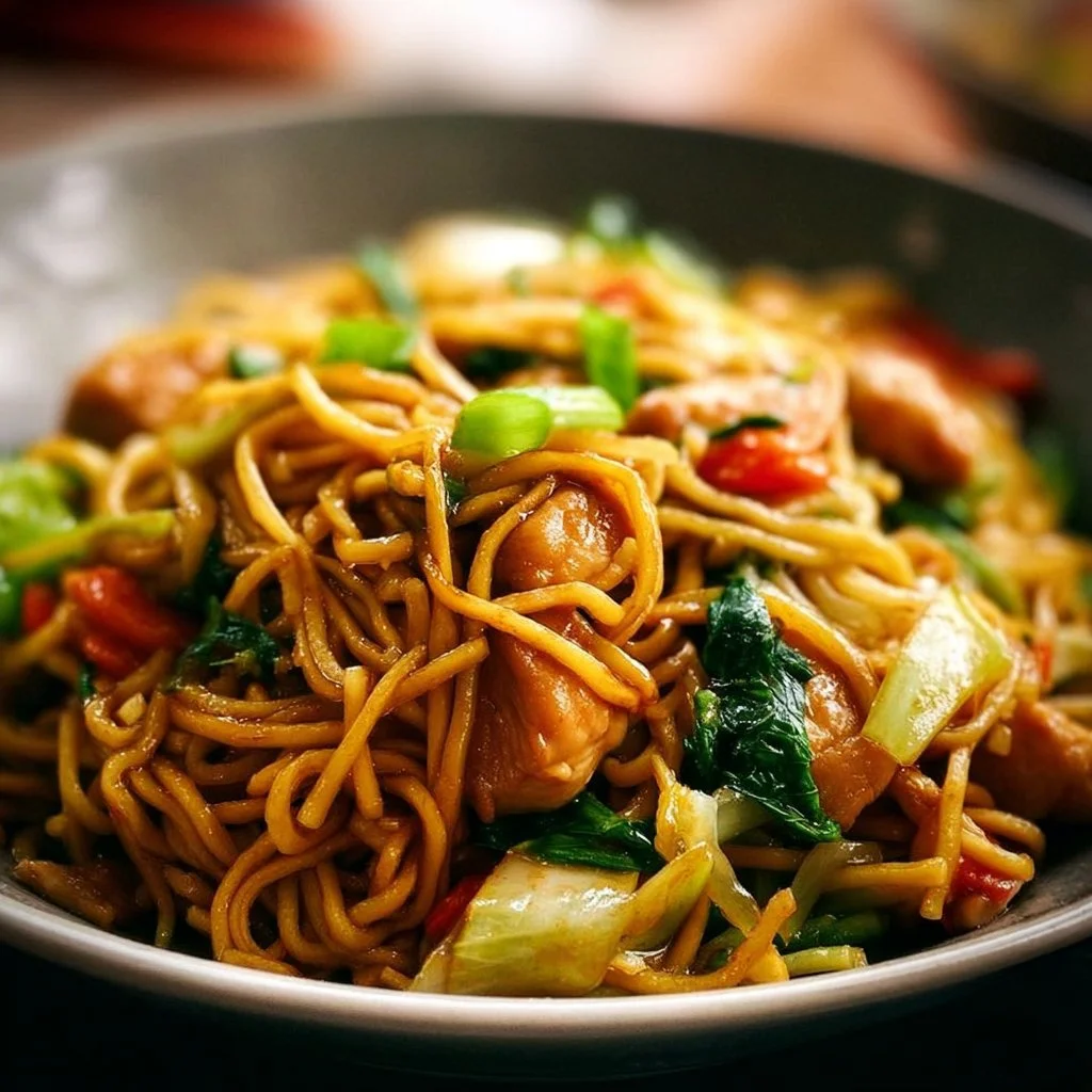 Quick and easy Chicken Chow Mein dish prepared in 30 minutes.