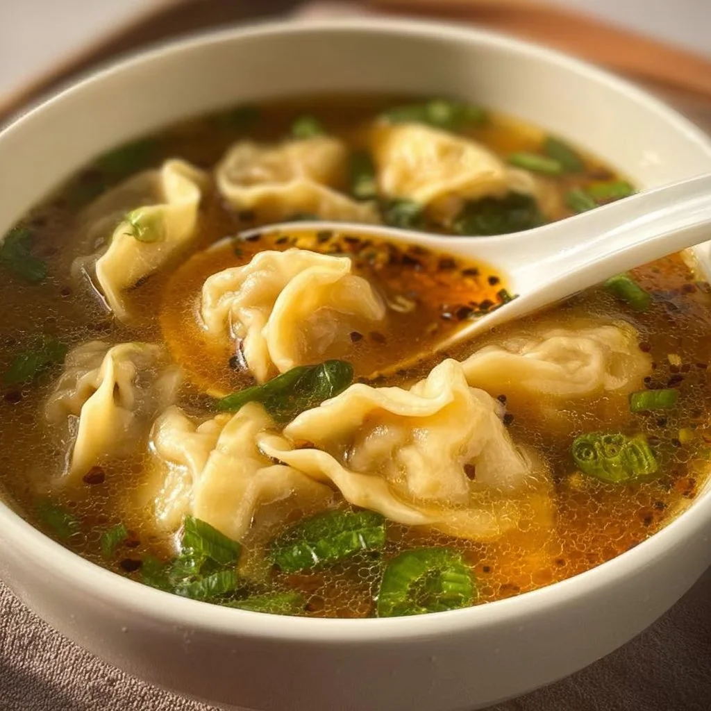 Bowl of quick and easy wonton soup with fresh vegetables and dumplings