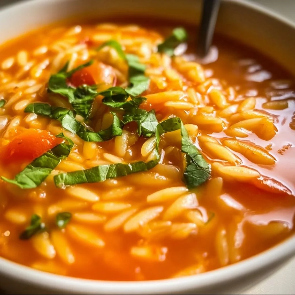 Bowl of quick Tomato Orzo Soup garnished with fresh herbs