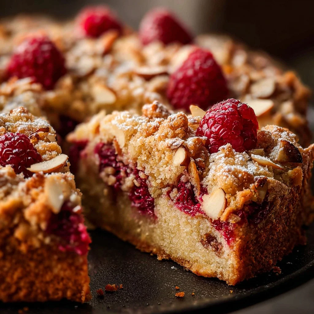 Delicious Raspberry Almond Crumb Cake with a crumbly almond topping