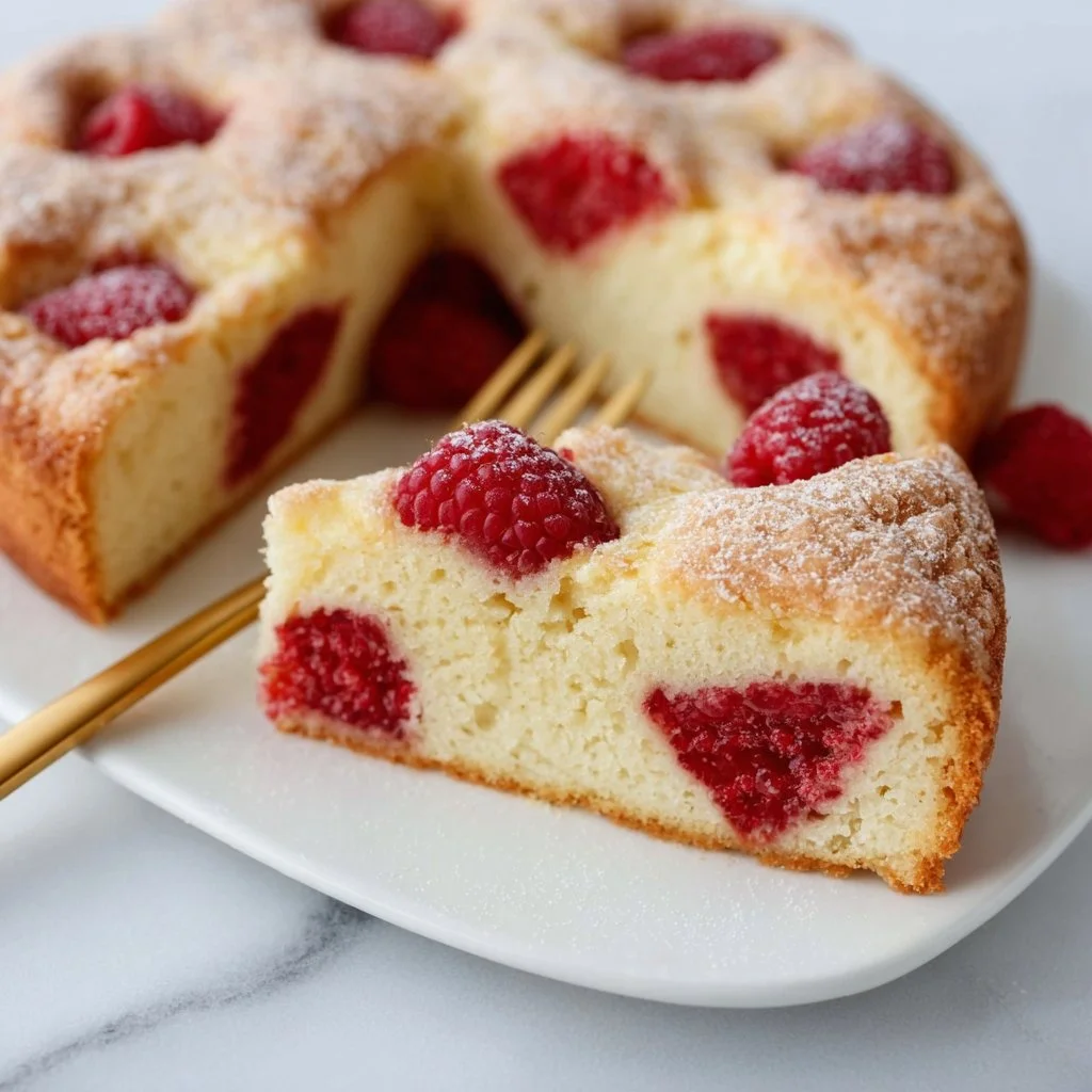 A slice of Raspberry Buttermilk Cake topped with fresh raspberries and whipped cream.