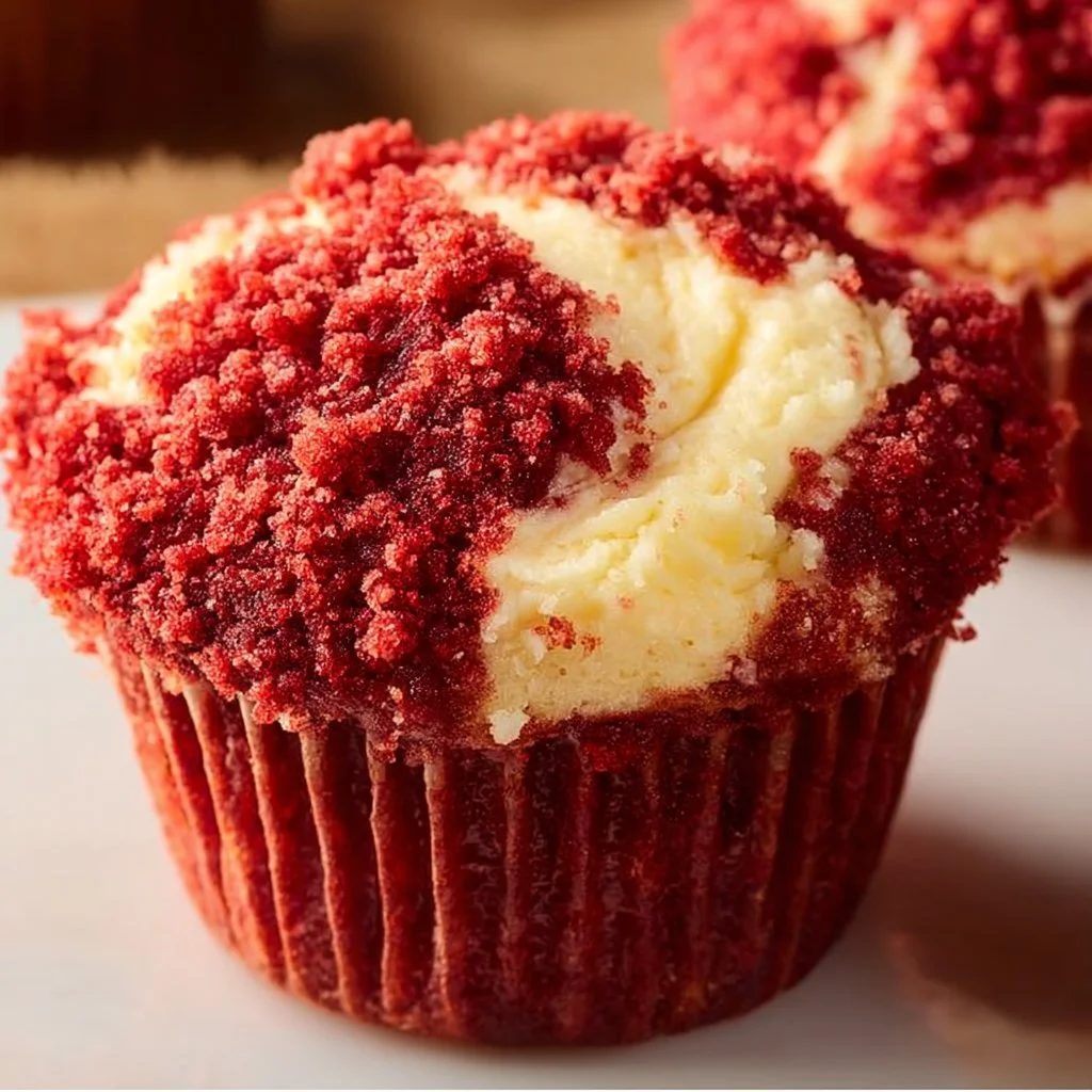 Red velvet cream cheese muffins on a plate, showcasing their rich color and texture.