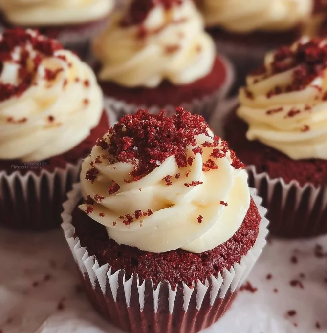 Red velvet cupcakes with cream cheese frosting on a decorative plate