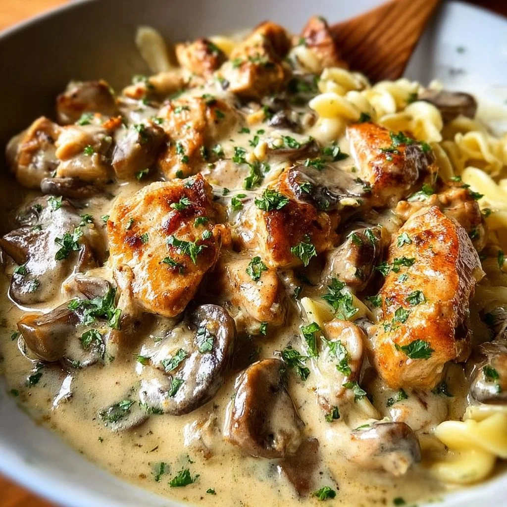 Delicious rich chicken stroganoff served over noodles with creamy sauce