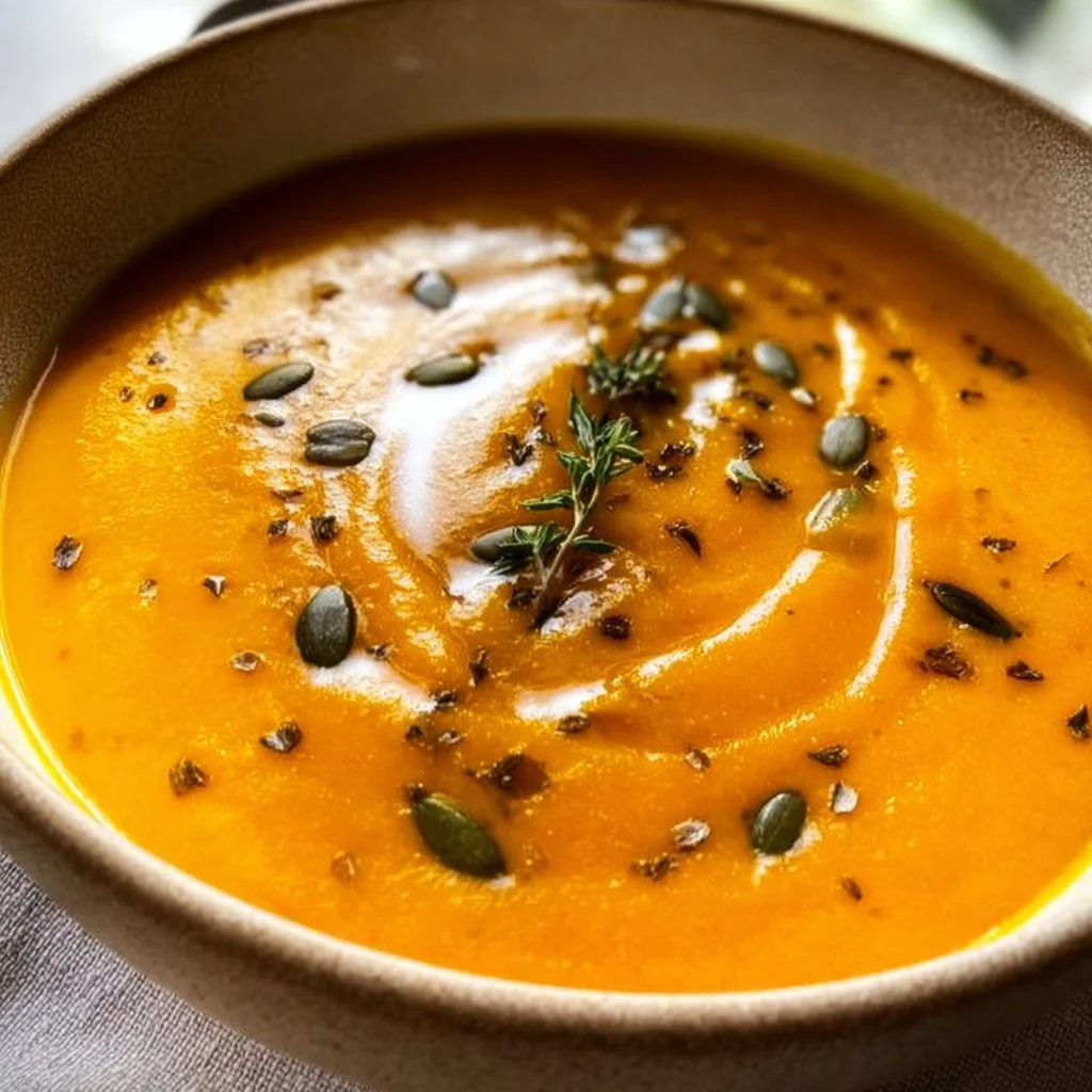 Bowl of roasted butternut squash pear ginger soup garnished with herbs