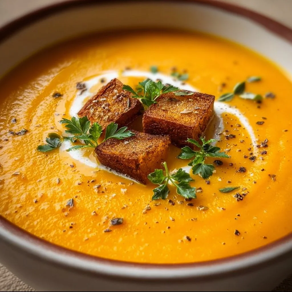 Bowl of roasted butternut squash soup garnished with herbs and cream