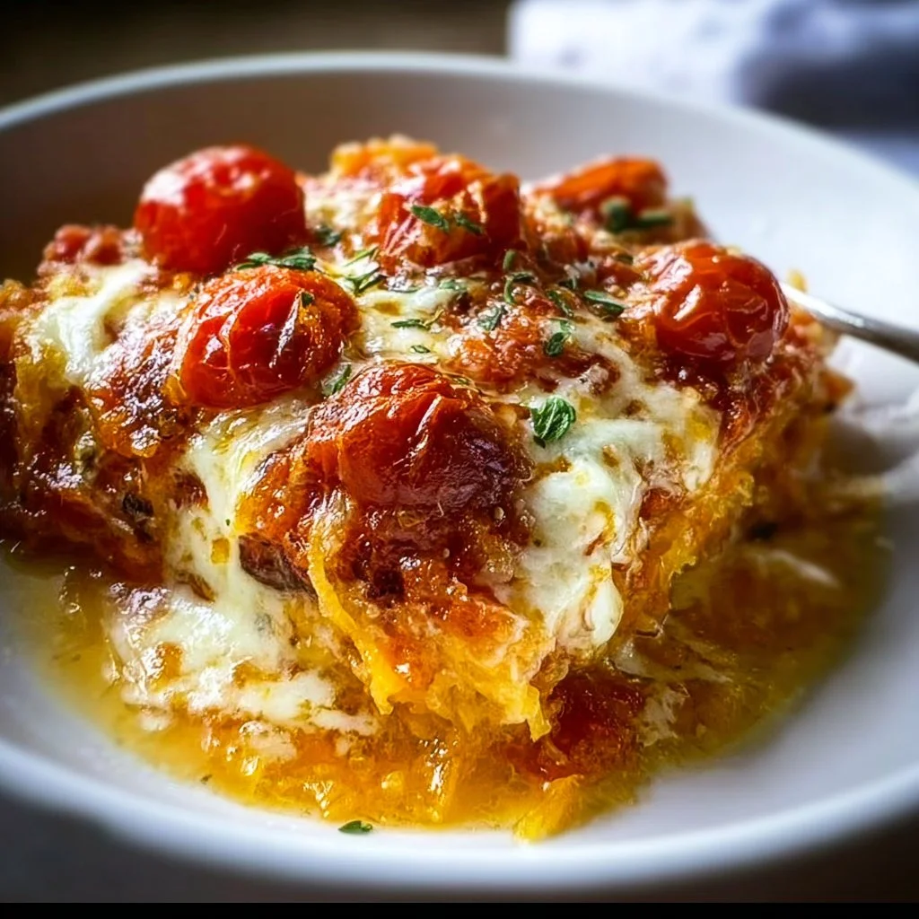 Roasted cherry tomato spaghetti squash lasagna garnished with fresh herbs
