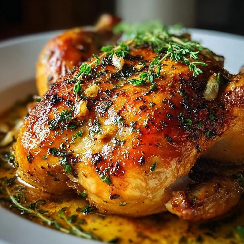 Delicious roasted chicken with garlic and herbs served on a wooden table.