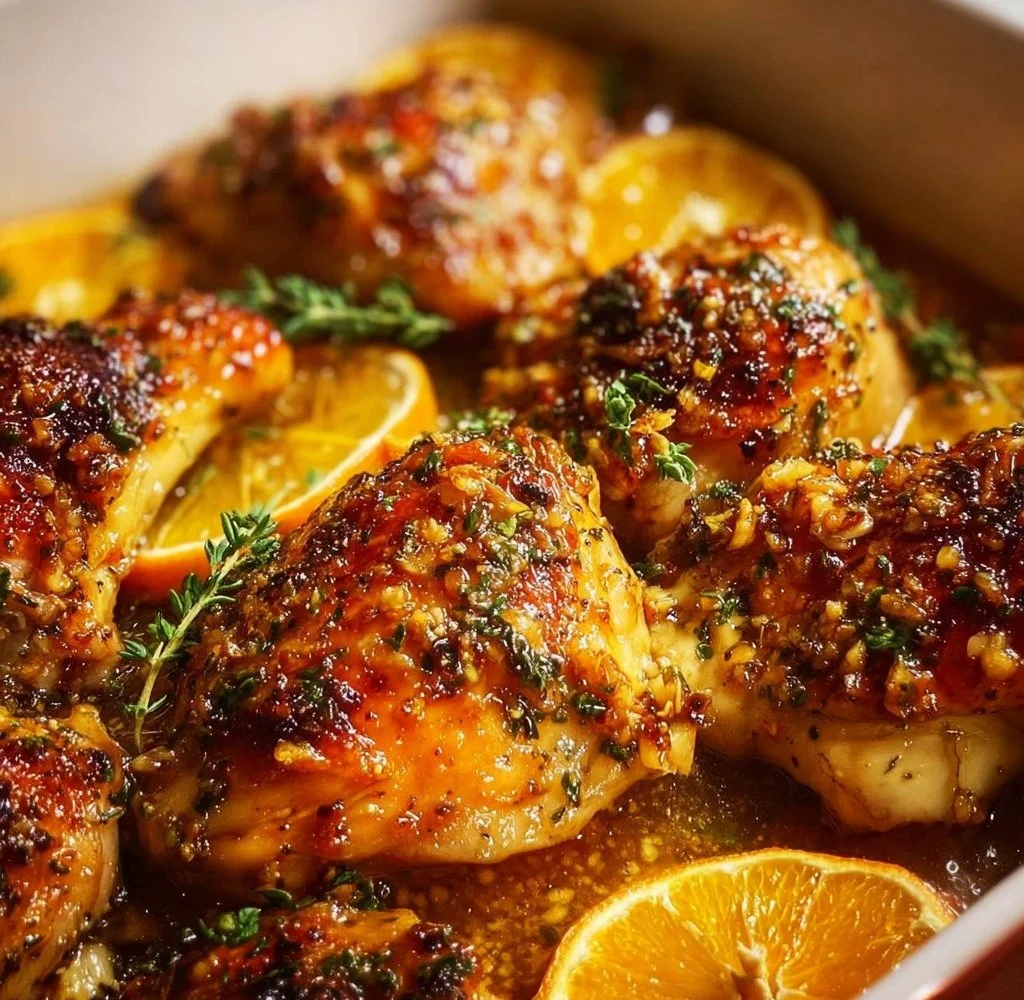 A delicious roasted orange chicken topped with zesty sauce and garnished with herbs