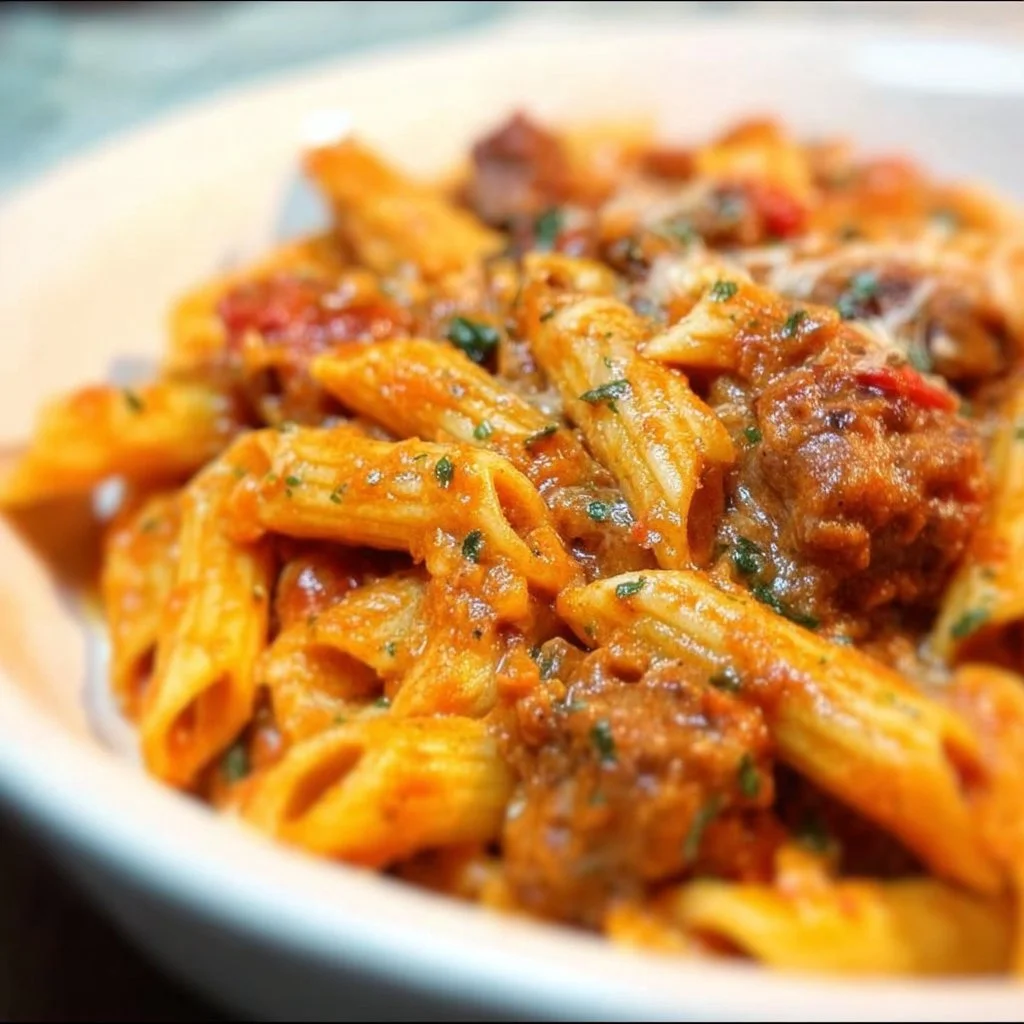 Delicious Roasted Red Pepper and Italian Sausage Pasta in a bowl
