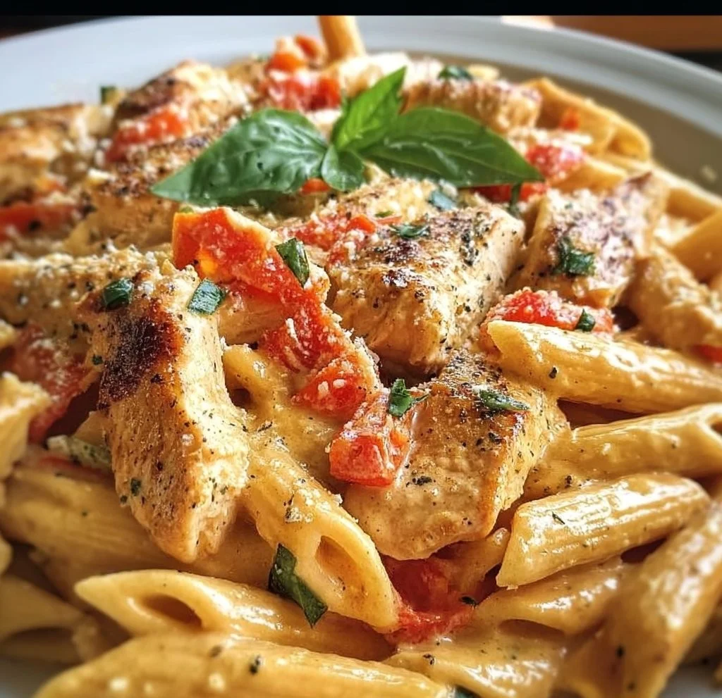 Creamy Roasted Red Pepper Chicken Penne Alfredo served in a bowl