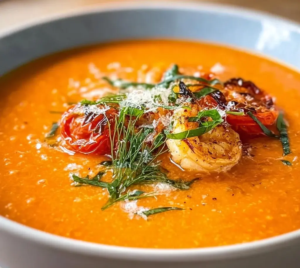 Bowls of roasted tomato fennel soup garnished with fresh herbs