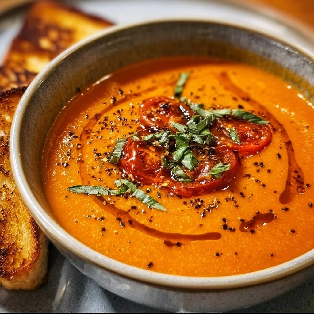Bowl of delicious roasted tomato soup garnished with fresh basil.
