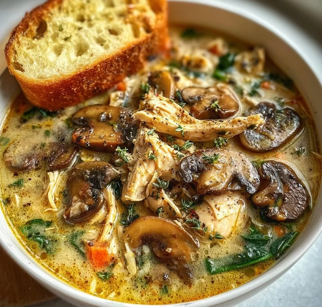 Delicious Rotisserie Chicken Mushroom Soup in a bowl with fresh herbs.