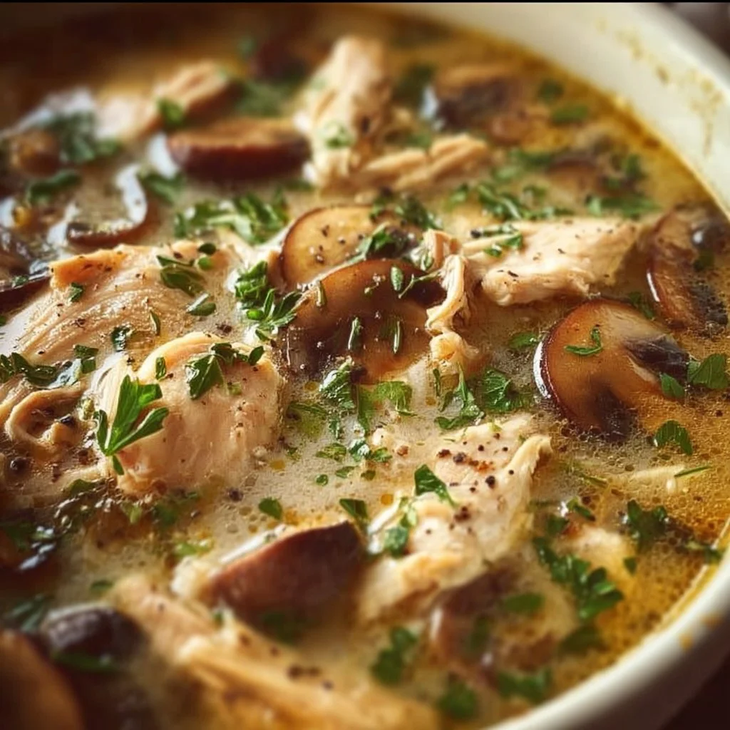 A bowl of rotisserie chicken mushroom soup garnished with herbs.