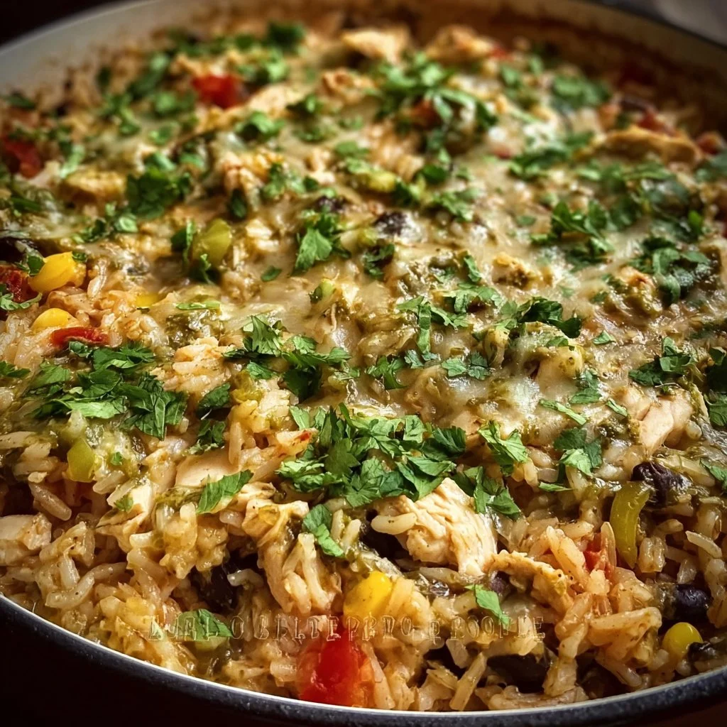 Salsa Verde Chicken & Rice Skillet dish served with vibrant green salsa verde