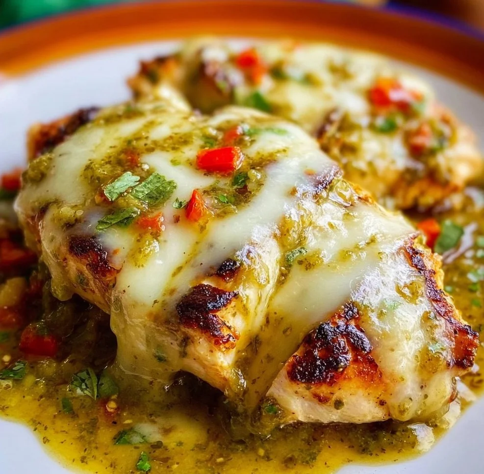 Salsa Verde Chicken topped with Pepper Jack Cheese served on a plate