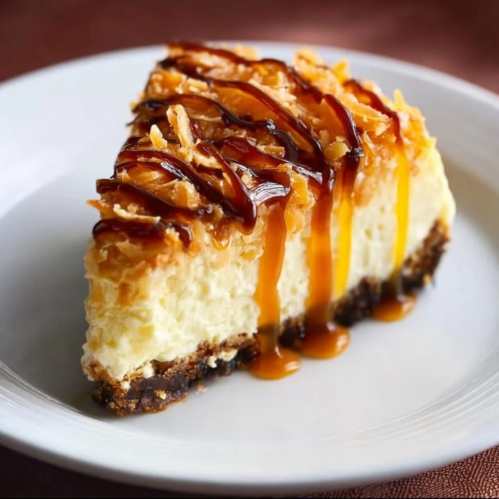Delicious Samoa cheesecake topped with caramel and toasted coconut