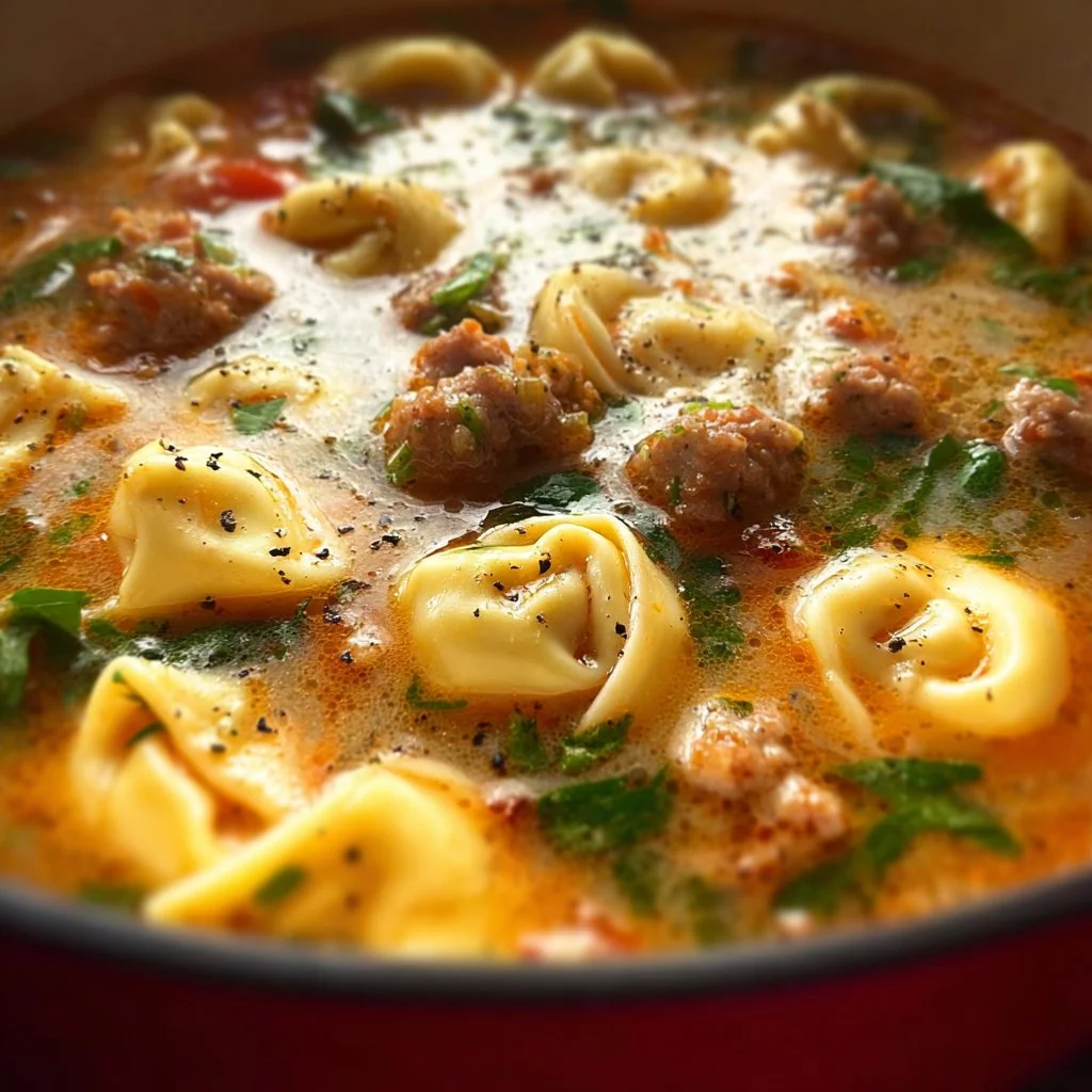 Bowl of Sausage Tortellini Soup with herbs and spices