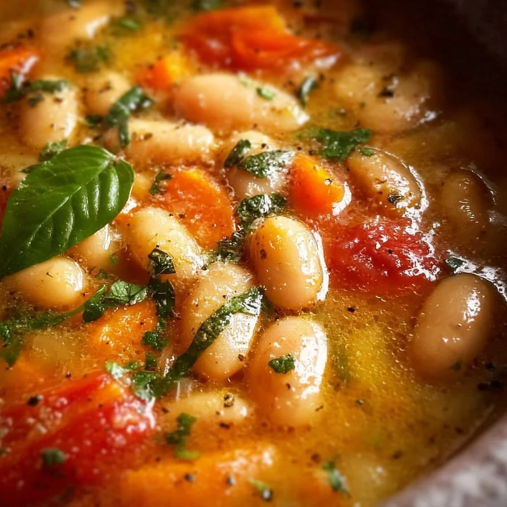 Bowl of savory cannellini bean soup garnished with herbs and spices