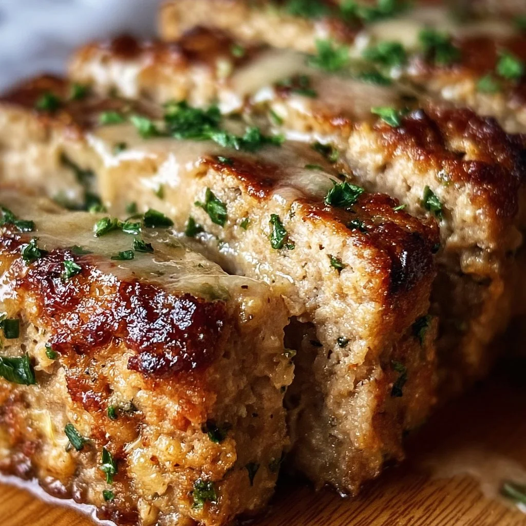 Savory garlic parmesan chicken meatloaf on a plate
