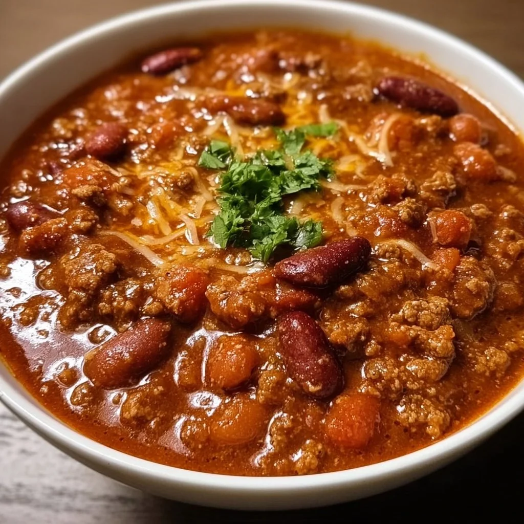 A bowl of savory homemade chili topped with fresh herbs and served in a rustic setting